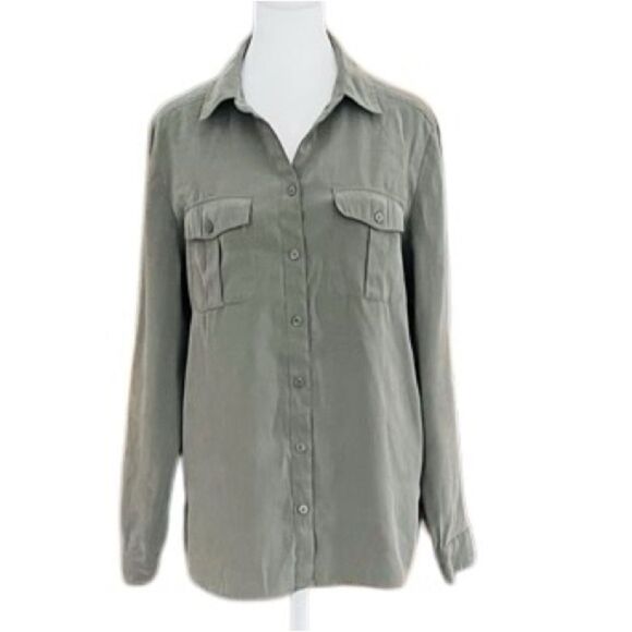 Chico’s Olive Button-Up Microfiber Shirt size 1, Medium/size 8 - Picture 1 of 6